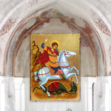 Load image into Gallery viewer, Saint George Wooden Gold Plated Religious Orthodox Sacred Icon - Inspirational Icon Decor - 85013