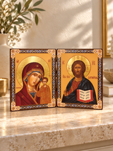 Load image into Gallery viewer, Icon Diptych - Christ The Teacher and Virgin of Kazan With Cross on the Front & Back 8"
