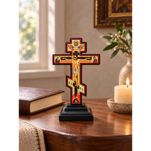 Load image into Gallery viewer, Small Standing Three Bar Orthodox Cross - Wooden Byzantine Crucifix Prayer on The Back Save Us in Slavonic - Jesus Christ Crucifixion with Gold Foil 5"x2 3/4"