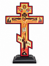 Load image into Gallery viewer, Standing Three Bar Orthodox Cross - Wooden Byzantine Crucifix Prayer "Save Us" on The Back - Jesus Christ Crucifixion with Gold Foil 9"x5 1/4"
