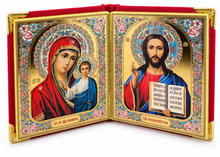 Load image into Gallery viewer, Christ the Teacher and Virgin of Kazan - Display Icon Diptych in Leatherette Like Case For Wedding Travel Home Icon Corner Altar - 5 1/4 Inch Tall - Gold and Silver Foiled icons