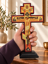 Load image into Gallery viewer, Standing Three Bar Orthodox Cross - Wooden Byzantine Crucifix Prayer "Save Us" on The Back - Jesus Christ Crucifixion with Gold Foil 9"x5 1/4"