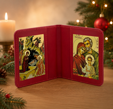 Load image into Gallery viewer, Nativity & Holy Family Greek Icon Diptych Byzantine Gold Foil Icons - Traveling Faith with Prayer in Leatherette Wallet Case