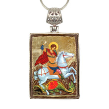 Load image into Gallery viewer, Saint George Religious Jewelry Silver Plated Necklace, Gold-Plated Wooden Cabochon