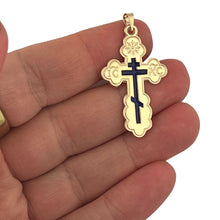 Load image into Gallery viewer, Three Bar Orthodox Gold Cross Pendant 14kt With Blue Enamel For Man 1 1/2"x7/8"