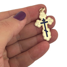 Load image into Gallery viewer, Three Bar Orthodox Gold Cross Pendant 14kt With Blue Enamel For Man 1 1/2"x7/8"