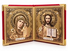 Load image into Gallery viewer, Christ the Teacher and Virgin of Kazan - Display Icon Diptych in Leatherette Like Case For Wedding Travel Home Icon Corner Altar - 5 1/4 Inch Tall - Gold and Silver Foiled icons