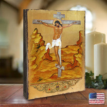 Load image into Gallery viewer, Crucifixion Wooden Gold Plated Religious Christian Sacred Icon - Inspirational Icon Decor - 85058