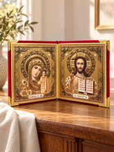 Load image into Gallery viewer, Christ the Teacher and Virgin of Kazan - Display Icon Diptych in Leatherette Like Case For Wedding Travel Home Icon Corner Altar - 5 1/4 Inch Tall - Gold and Silver Foiled icons