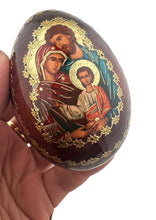 Load image into Gallery viewer, Byzantine Icon Egg Virgin Of Holy Family Wooden Icon Egg on Gold Metal Stand 3¼ inches tall - Gold Foil Icon