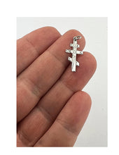 Load image into Gallery viewer, Small Three Bar Barred Sterling Silver 925 Orthodox Cross Pendant 1" Including Bail - Perfect Size as Baptismal Cross - Comes with Tapestry Pouch