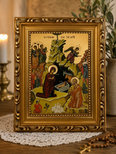 Load image into Gallery viewer, Nativity of Christ Gilded - 9 3/4"x7 1/2" Byzantine Greek Icon - Wooden Frame With Stand For Standing and Hook For Hanging on Wall