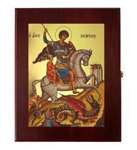 Load image into Gallery viewer, Saint George Icon - Gold Gilded in WALL Hanging Or TABLE Box - Prayer Ropes, Beads, Jewelry Prayer Cards Anything Sacred - Catholic Orthodox Icon 7 1/2 Inch Wall