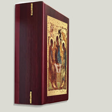 Load image into Gallery viewer, Silkscreen on Cotton Canvas - Gold Gilded Byzantine Greek Icon in Wall Hanging Sacred Framed Icon Box Byzantine Greek Icon 7 1/2 Inch