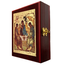 Load image into Gallery viewer, Silkscreen on Cotton Canvas - Gold Gilded Byzantine Greek Icon in Wall Hanging Sacred Framed Icon Box Byzantine Greek Icon 7 1/2 Inch