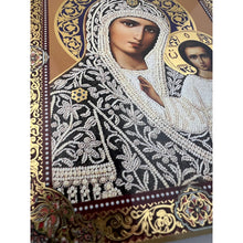 Load image into Gallery viewer, Virgin of Kazan & Christ Wedding Pair (With Pearls Printed) Wooden Icon Decoupage - Wall Hanging with Display Stand 7 1/2 inch