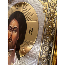 Load image into Gallery viewer, Set of 2 - Matching Icon Pair Virgin of Kazan & Christ The Teacher - Gold & Silver Foiled Icon Covered With Glass - Gold Embossed Icon Gold and Silver Foiled - Wall Hanging - High Quality - 13"x9 1/4"