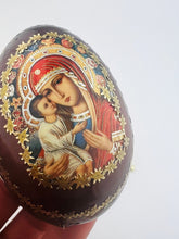 Load image into Gallery viewer, Icon of the Mother of God of Zhirovits Virgin Mary and Christ - Wood Icon Egg on Gold Metal Stand 3¼ inches tall - Gold Foil Icon