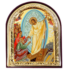 Load image into Gallery viewer, Resurrection of Christ Saints - Christ Holding Three Bar Cross - Gold Foil Arched Icon 4"x 3 1/4"