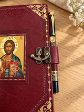 Load image into Gallery viewer, Christ the Teacher Icon Prayer Journal with Pen – PU Leather Gratitude Journal - 8 7/8"x5 8/8" - Gold Foil Icon