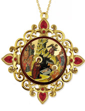 Load image into Gallery viewer, Nativity of Christ Greek Gold Foiled Byzantine Christmas Icon Ornament - Framed In Jeweled Frame, Decorated With Faux Crystals, 4 Inch,
