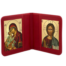 Load image into Gallery viewer, Sweet Kissing & Christ the Teacher Greek Icon Diptych Byzantine Gold Foil Icons - Traveling Faith with Prayer in Leatherette Wallet Case