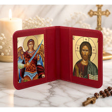 Load image into Gallery viewer, Saint Michael & Christ the Teacher Greek Icon Diptych Byzantine Gold Foil Icons - Traveling Faith with Prayer in Leatherette Wallet Case