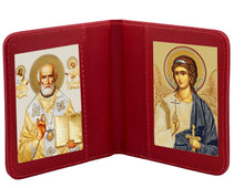 Load image into Gallery viewer, Traveling Icon Diptych - Book Saint Nicholas & Guardian Angel - Traveling Faith - Leatherette Case 3 7/8" Gold Foiled Icons