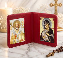 Load image into Gallery viewer, Traveling Icon Diptych - Book Saint Nicholas & Virgin of Vladimir - Traveling Faith - Leatherette Case 3 7/8" Gold Foiled Icons