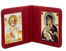 Load image into Gallery viewer, Traveling Icon Diptych - Book Saint Nicholas & Virgin of Vladimir - Traveling Faith - Leatherette Case 3 7/8" Gold Foiled Icons