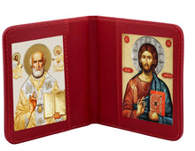 Load image into Gallery viewer, Traveling Icon Diptych - Book Saint Nicholas & Christ The Teacher - Traveling Faith - Leatherette Case 3 7/8" Gold Foiled Icons