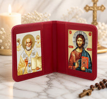 Load image into Gallery viewer, Traveling Icon Diptych - Book Saint Nicholas & Christ The Teacher - Traveling Faith - Leatherette Case 3 7/8" Gold Foiled Icons