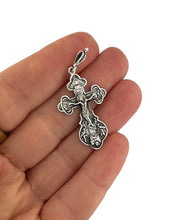 Load image into Gallery viewer, Crucifix Crucifixion Sterling Silver Cross Pendant 925 on The back "Save Us" in Slavonic and Icon of Virgin Mary - Virgin of Kazan Christ - 1 3/4" Including bail