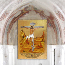 Load image into Gallery viewer, Crucifixion Wooden Gold Plated Religious Christian Sacred Icon - Inspirational Icon Decor - 85058