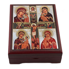 Load image into Gallery viewer, Crucifixion With Four Virgin Mary Wooden Icon Box - Keepsake Box - Lined With Velvet - High Quality - Religious Gift Idea 5 1/16"