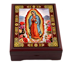 Load image into Gallery viewer, Our Lady of Guadalupe - Wooden Icon Box - Keepsake Box For Prayer Beads, Rosary, Jewelry - Lined With Velvet - High Quality - Religious Gift Idea 5 1/16"