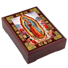 Load image into Gallery viewer, Our Lady of Guadalupe - Wooden Icon Box - Keepsake Box For Prayer Beads, Rosary, Jewelry - Lined With Velvet - High Quality - Religious Gift Idea 5 1/16"