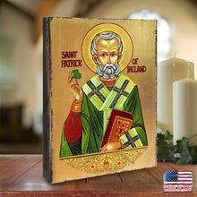 Load image into Gallery viewer, Saint Patrick Wooden Gold Plated Religious Christian Sacred Icon - Celtic Decor - 85060