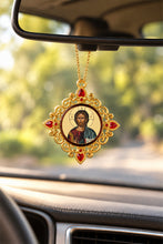 Load image into Gallery viewer, Christ The Teacher & Perpetual Help - Set of 2 - Greek Gold Foiled Byzantine Christmas Icon Ornament and Room Decoration - Framed In Jeweled Frame, Decorated With Faux Crystals, 4 Inch