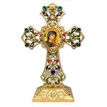 Load image into Gallery viewer, Perpetual Help Greek Icon Filigree Standing Jeweled Icon Cross - Decorated with Faux Pearls 8 5/8 Inch - Icon is Gold Foil