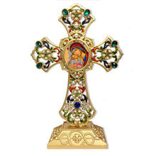 Load image into Gallery viewer, Sweet Kissing Greek Icon Filigree Standing Jeweled Icon Cross - Decorated with Faux Pearls 8 5/8 Inch - Icon is Gold Foil