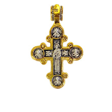Load image into Gallery viewer, Sterling Silver 925 24kt Gold Plated Traditional Byzantine Style Lobed Cross With Crucifixion Archangels Michael and Gabriel Virgin Mary St John Beloved and More 1 3/8"x 7/8"