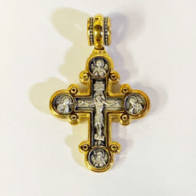 Load image into Gallery viewer, Sterling Silver 925 24kt Gold Plated Traditional Byzantine Style Lobed Cross With Crucifixion Archangels Michael and Gabriel Virgin Mary St John Beloved and More 1 3/8"x 7/8"