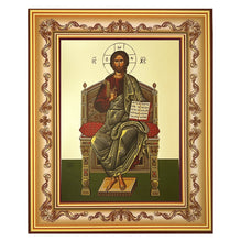 Load image into Gallery viewer, Christ Blessing, Enthroned - Gold Gilded Byzantine Greek Icon - in Wooden Frame Decorated With Crosses Comes With Stand For Standing and Hook For Hanging on Wall 7 1/4"x5 3/4"