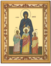 Load image into Gallery viewer, Saints Sophia and Daughters Icon - FAITH, HOPE AND LOVE - Byzantine Style Full Body Wall Hanging with Stand - Gold Foil Design - 7 3/4 Inch Tall