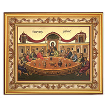 Load image into Gallery viewer, Last Supper - Gold Gilded Byzantine Greek Icon - in Wooden Frame Decorated With Crosses Comes With Stand For Standing and Hook For Hanging on Wall 7 1/4"x5 3/4"