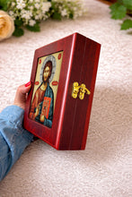 Load image into Gallery viewer, Christ The Teacher Wooden Icon Box Keepsake For Prayer Beads Rosary Jewelry - Anything Sacred 7 1/2 Inch - Table or Wall Hanging