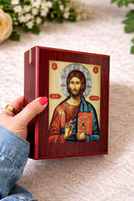 Load image into Gallery viewer, Christ The Teacher Wooden Icon Box Keepsake For Prayer Beads Rosary Jewelry - Anything Sacred 7 1/2 Inch - Table or Wall Hanging