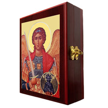 Load image into Gallery viewer, Saint Michael Framed in WALL Hanging Or TABLE Box - Prayer Ropes, Beads, Jewelry Prayer Cards Anything Sacred 7 1/2 Inch