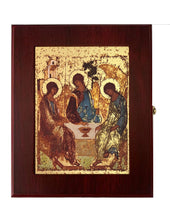 Load image into Gallery viewer, Silkscreen on Cotton Canvas - Gold Gilded Byzantine Greek Icon in Wall Hanging Sacred Framed Icon Box Byzantine Greek Icon 7 1/2 Inch